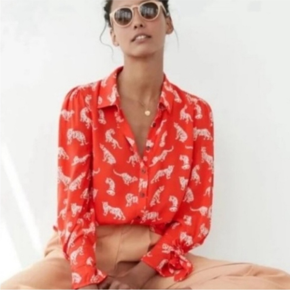 Anthropologie Margaret Jeane Orange Leopard Button Up Blouse, 0P